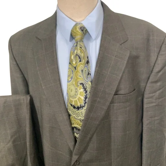Jos A Bank Suit Mens 48L Olive Windowpane Corporate Dapper Timeless Office 2 pc